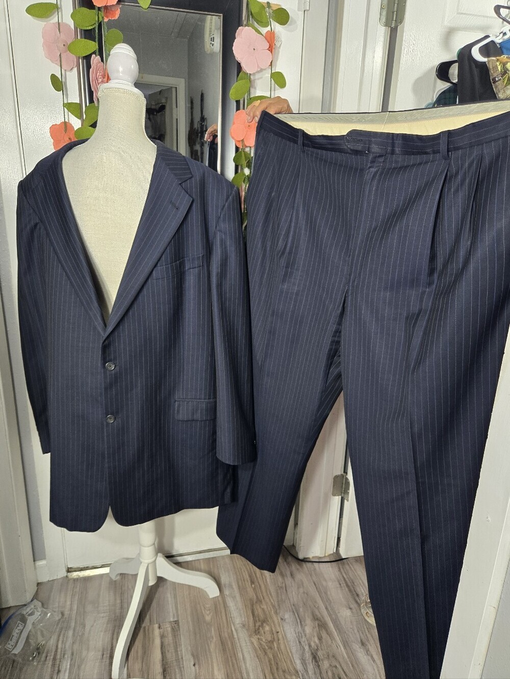 Vintage Burberry For Rochester Blue Pinstripe Wool Suit Size 50 XLG Big And Tall